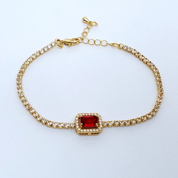 14K Gold Womens 2ct Square Red Ruby Gemstone 1ct Diamond Tennis Bracelet Jewelry